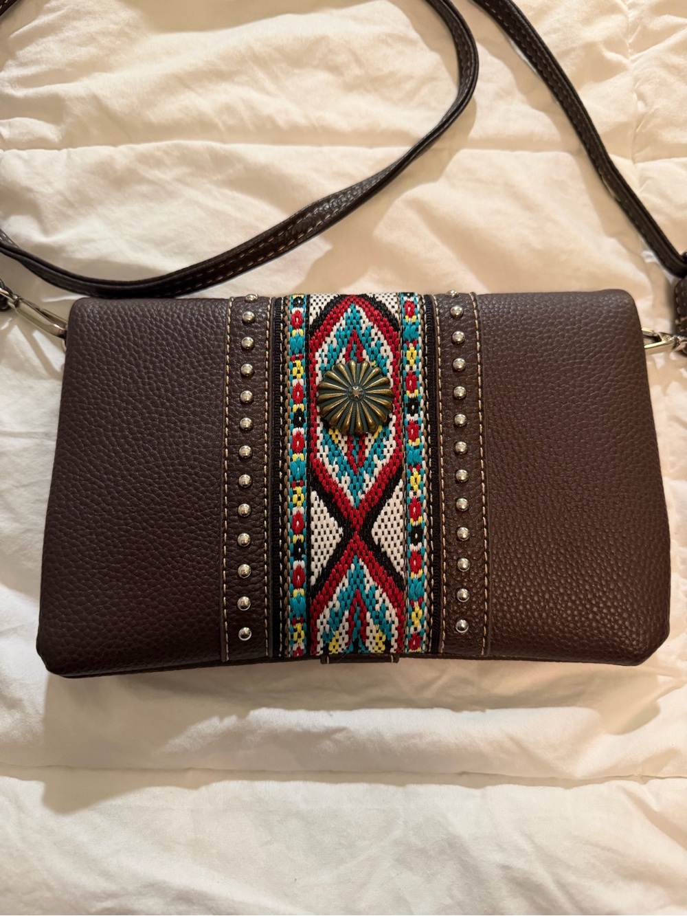Women’s Brown Crossbody Bag with Colorful Embroidered Accent